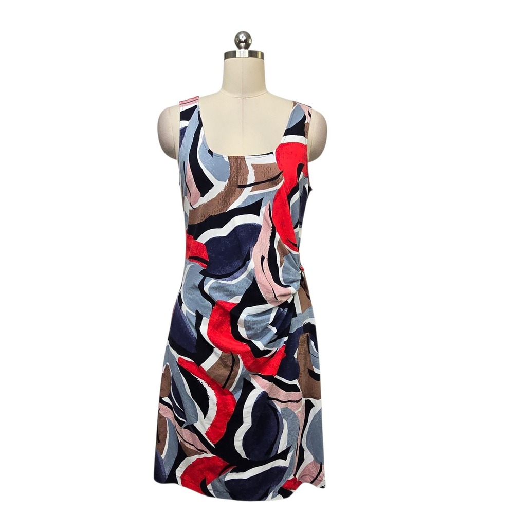 NIC+ZOE Womens Med Abstract Print Sleeveless Side Draped Sheath Dress Red Navy